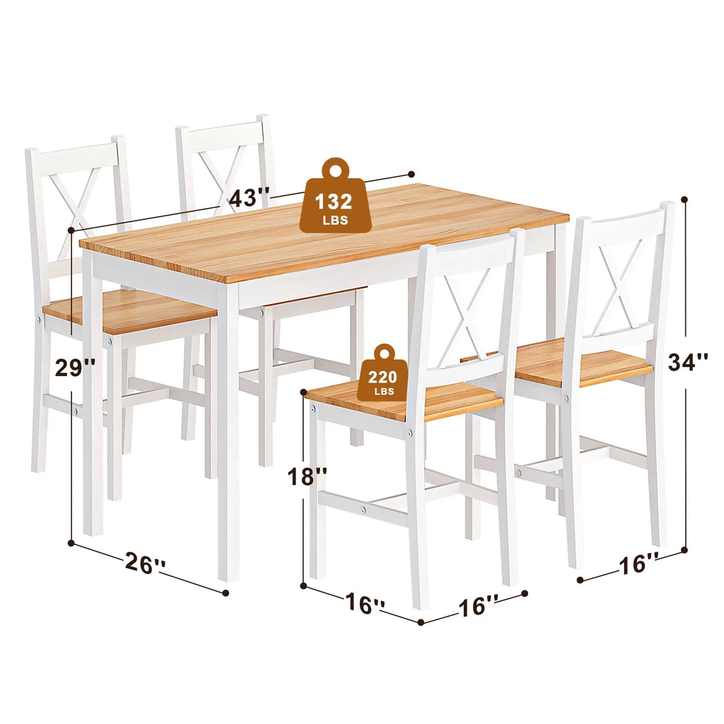 2026 NewSoges 5 Pieces Dining Table Set, Pine Wood Kitchen Dining Table with 4 Chairs, Wood Rectangular kitchen table and chairs for 4, Small Dining Set for Bar Dining Room Breakfast Nook, White and Gray