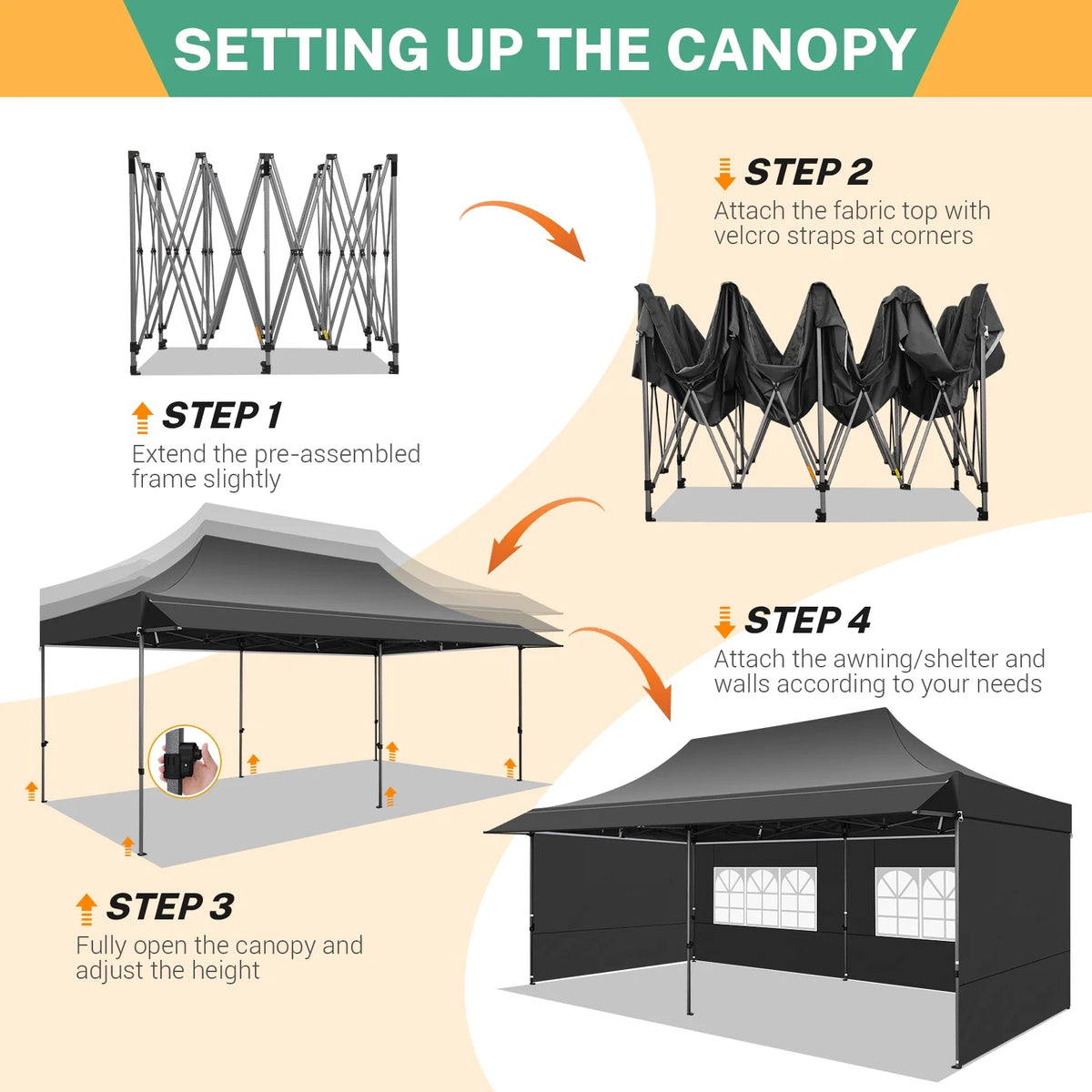 COBIZI 10x20 Pop Up Canopy Heavy Duty Party Tent with Removable Awning and Sidewalls,Easy Up Outdoor Wedding Canopy,Gazebo All Season Windproof&Waterproof with Roller Bag UPF 50+,Black