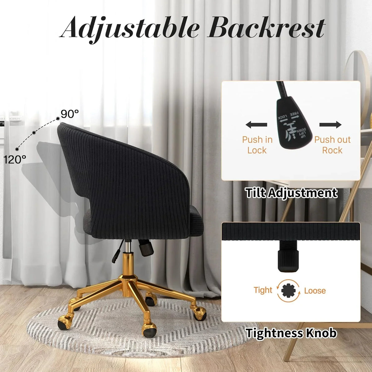 2026 NewHome Office Swivel Desk Chair, Modern Velvet Vanity Chair, Height Adjustable Armchair with Gold Base, Ergonomic Office Chair for Task Study Computer Room, Beige