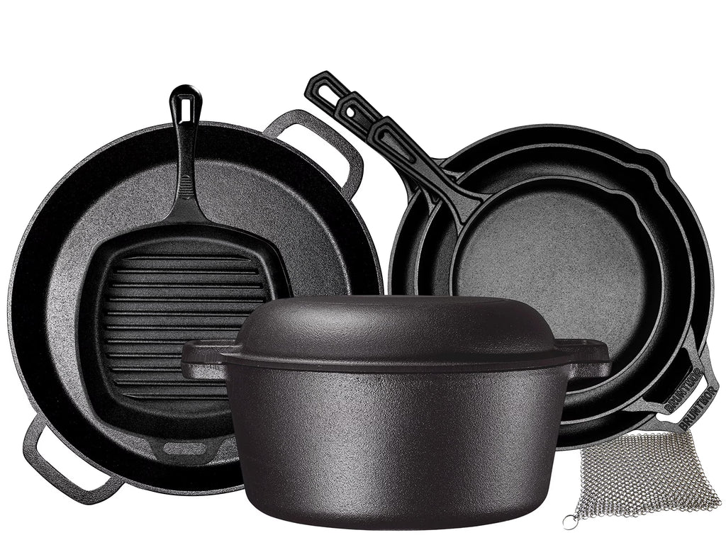 Bruntmor Pre-Seasoned Cast Iron Cookware Set - 8-Piece Bundle with Skillets, Grill Pan, Dutch Oven, Pizza Pan, and Utensils - Durable Pots and Pans Set for Cooking - Ideal Gift for Home or Camping