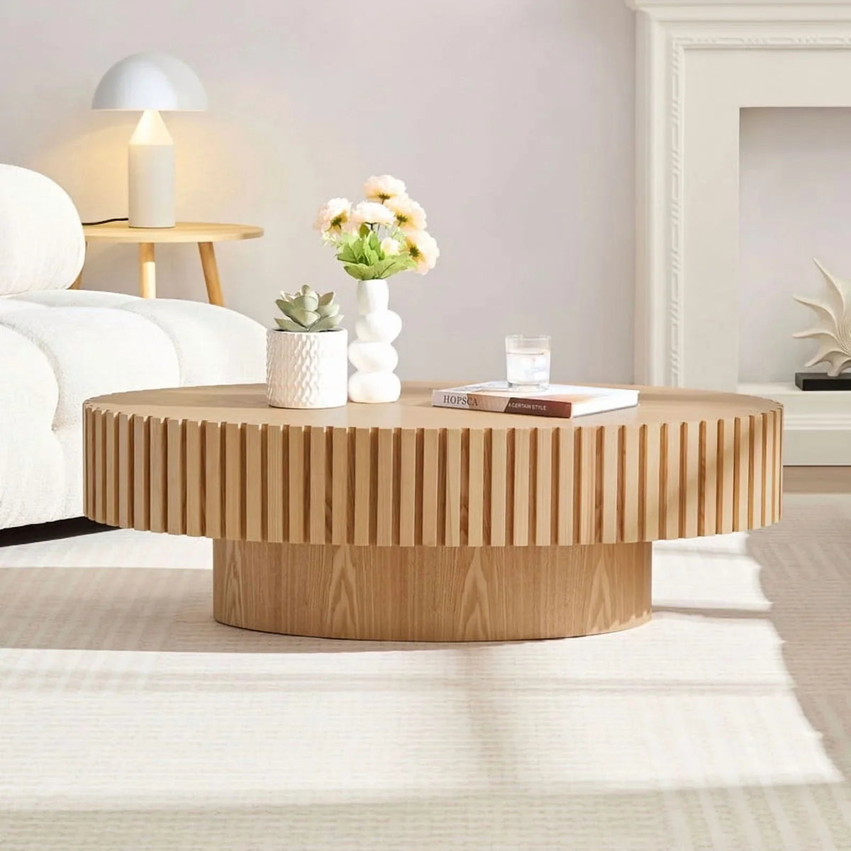 2026 NewFFH 43.7 inch Oval Coffee Table for Living Room,Handcraft Rustic Corner Coffee Table Nature Wood Relief Sturdy Pedestal for Apartmen,Side Table Centre Table,Nature Wood