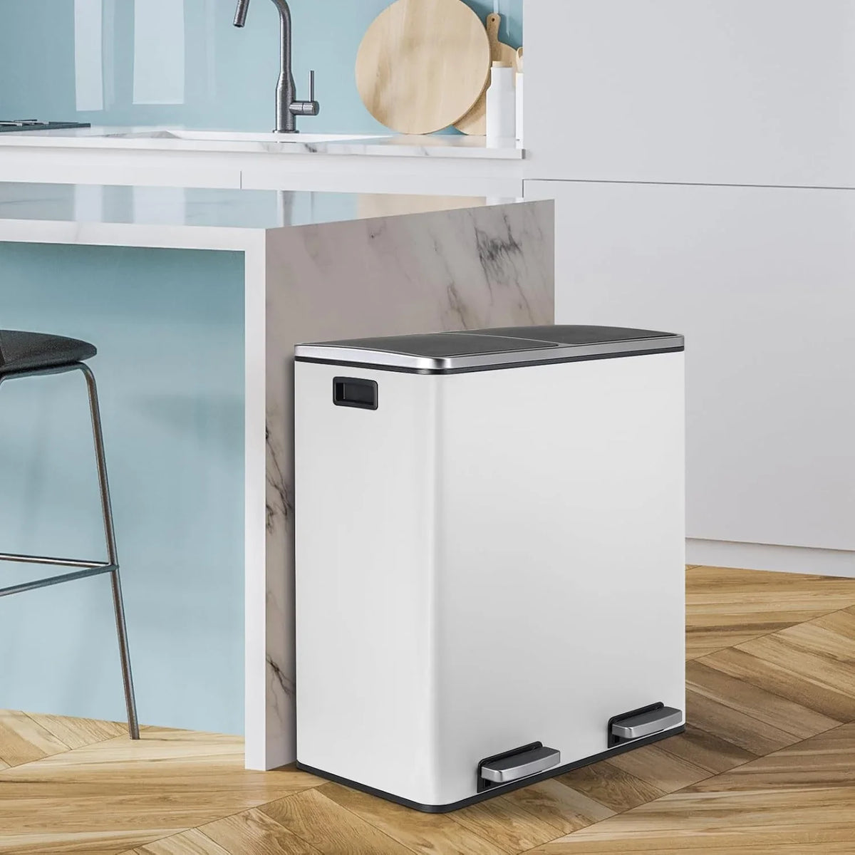 2026 NewLAZY BUDDY Dual Garbage Can, Stainless Steel 16 Gallon Step Kitchen Trash Can with Soft-Close Lid, Double Compartment Garbage Recycling Bin