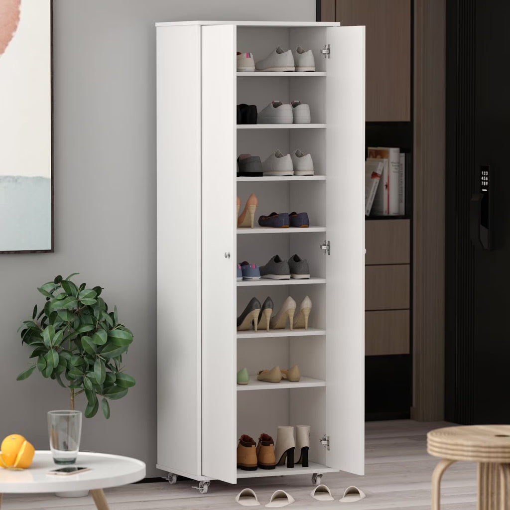 2026 NewKULAGAGA 2-Door Tall Shoes Storage Cabinet with Wheels, Modern 8-Tier Wood Shoe Rack Storage Organizer for Entryway Hallway Blcak
