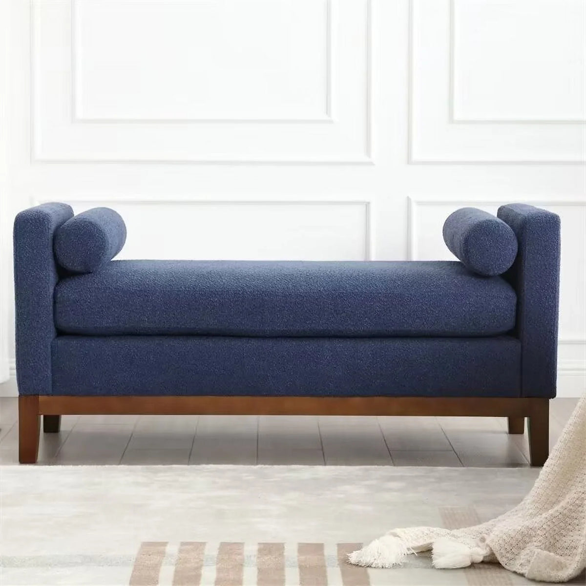 2026 NewEnd of Bed Bench, 53.5" Boucle Fabric Upholstered Entryway Bench with Wood Legs & Bolster Pillows, Rolled Arm Cushioned Ottoman Foot Rest Long Stool Window Extra Seating for Bedroom, Ivory