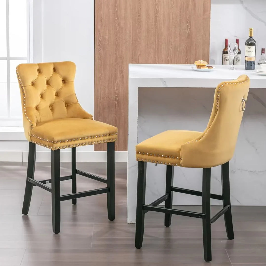 2026 NewVelvet Bar Stools Set of 2, Upholstered Counter Height Bar Chair with Rivet and Button Trim, Bar Stool with Back and Footrest, for Dining Room, Kitchen, Pub, Gray
