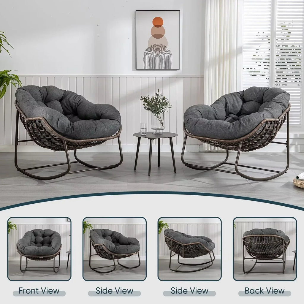 2026 NewOutdoor Papasan Rocking Chair, Patio Oversized Wicker Egg Rocking Chair, Indoor & Outdoor Comfy Rocker Chair with Thick Cushion, Modern Lounge Chair for Front Porch, Garden, Backyard, Grey