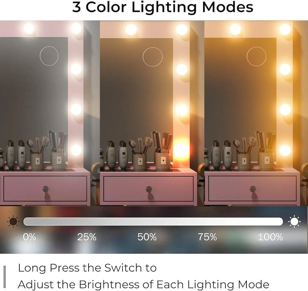 2026 NewWhite Vanity Desk with Illuminated Mirror & Power Outlet, 11 Drawers Vanity Table with Chair, Makeup Vanity with 12 LED Lights, Tempered Glass Top, Dressing Table for Bedroom,Dressing Room