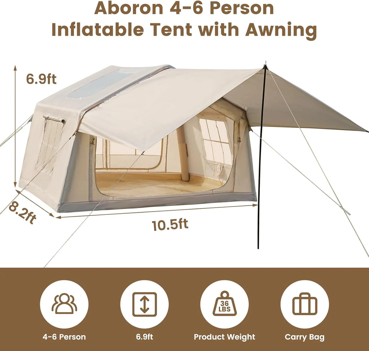 Zikebtuy 2/6/8 Person Inflatable Camping Tent, Easy Setup Blow Up Air Tent with Hand Pump, Waterproof 4-Season Glamping Tent with Large Mesh Windows & Oversized Canopy for Couples, Group & Family