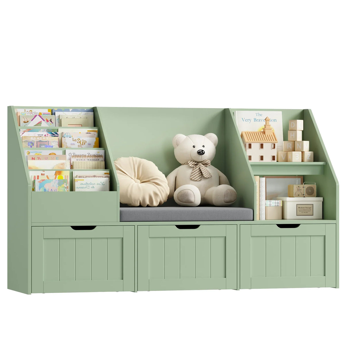 2026 NewHomfa Kids Bookshelf with Reading Nook & 3 Movable Drawers, 2 Cube Bookcase with 4-Tier Book Racks, Toy Storage Organizer for Playroom Bedroom, White