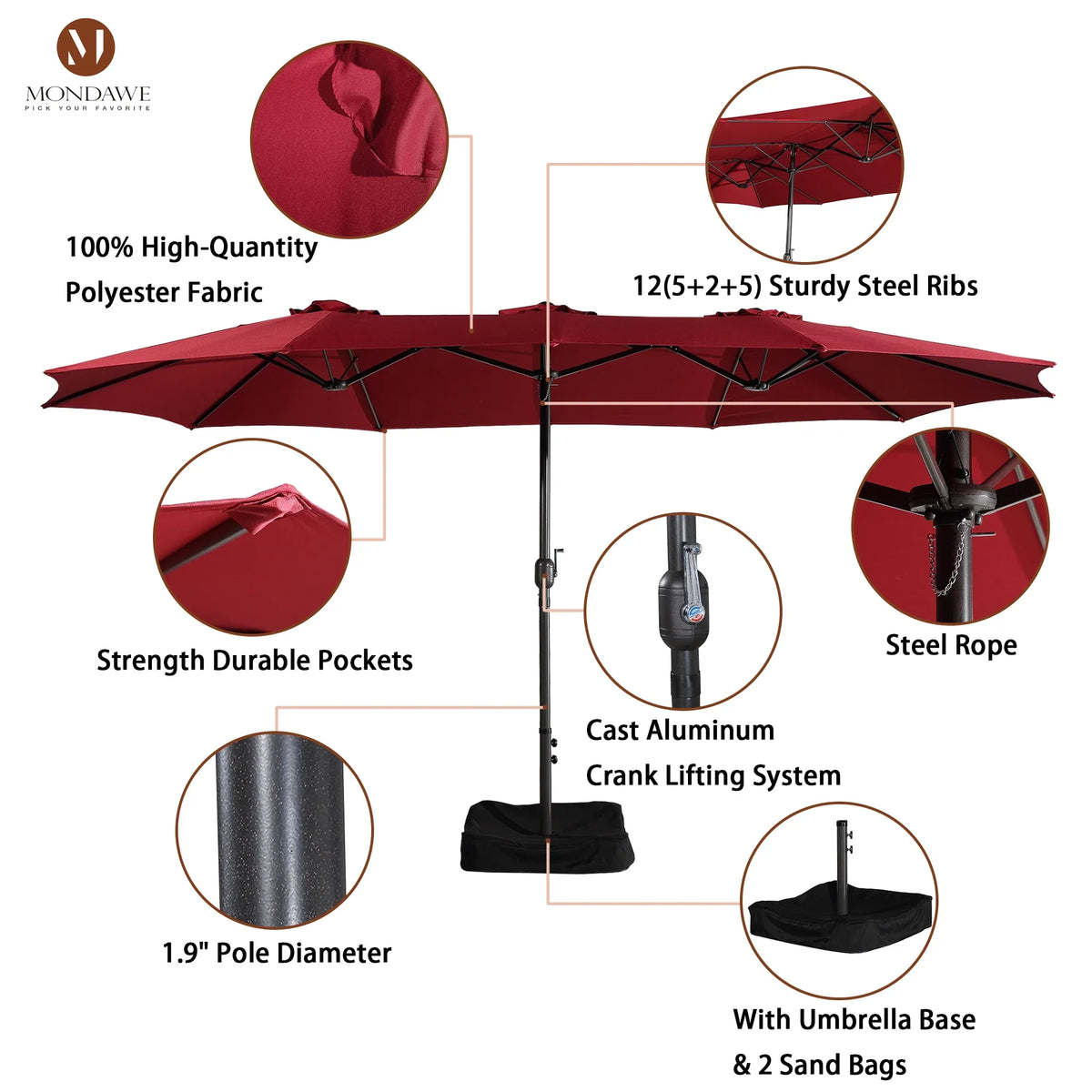2026 NewMondawe 15ft Patio Umbrella Rectangular Outdoor Market Umbrella with Base and LED Lights Beige