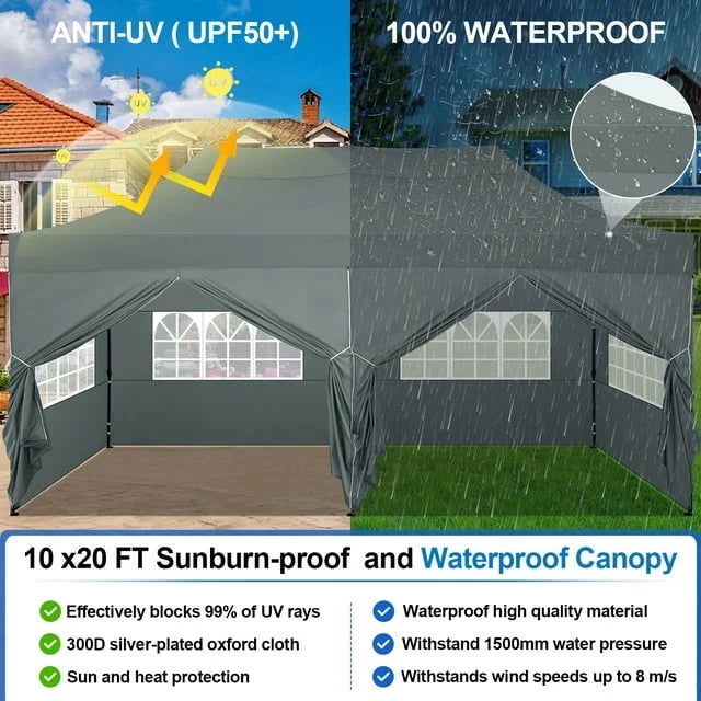 SANOPY 10'x20' Pop Up Canopy Waterproof Folding Tent Outdoor Easy Set-up Instant Tent Heavy Duty Commercial Wedding Party Shelter with 6 Removable Sidewalls, 4 Sandbags, Roller Bag, Black