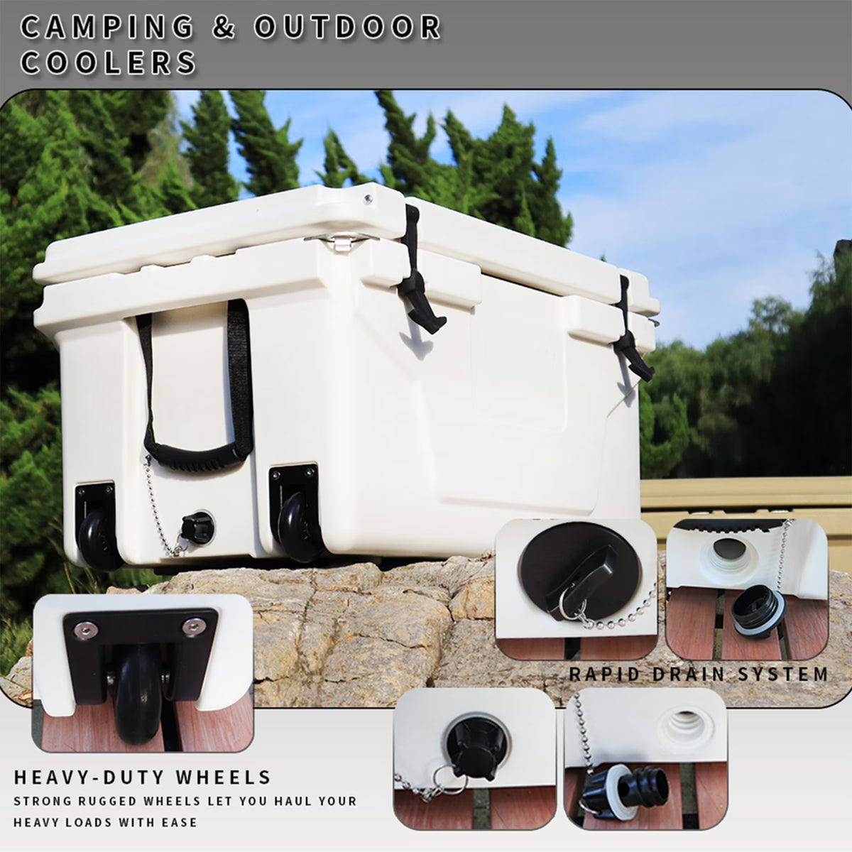 Segmart 65QT Hard Insulated Portable Cooler for Camping, Ultra-Light Insulated Ice Chest Box with 2 Wheels, Leak-Proof Cooler for Drink, Beverage, Beach, Camping, Picnic, Barbecue, Khaki