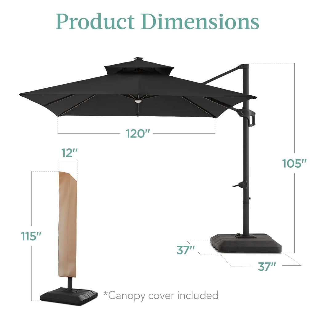 2026 NewBest Choice Products 10x10ft 2-Tier Square Outdoor Solar LED Cantilever Patio Umbrella w/ Base Included - Tan