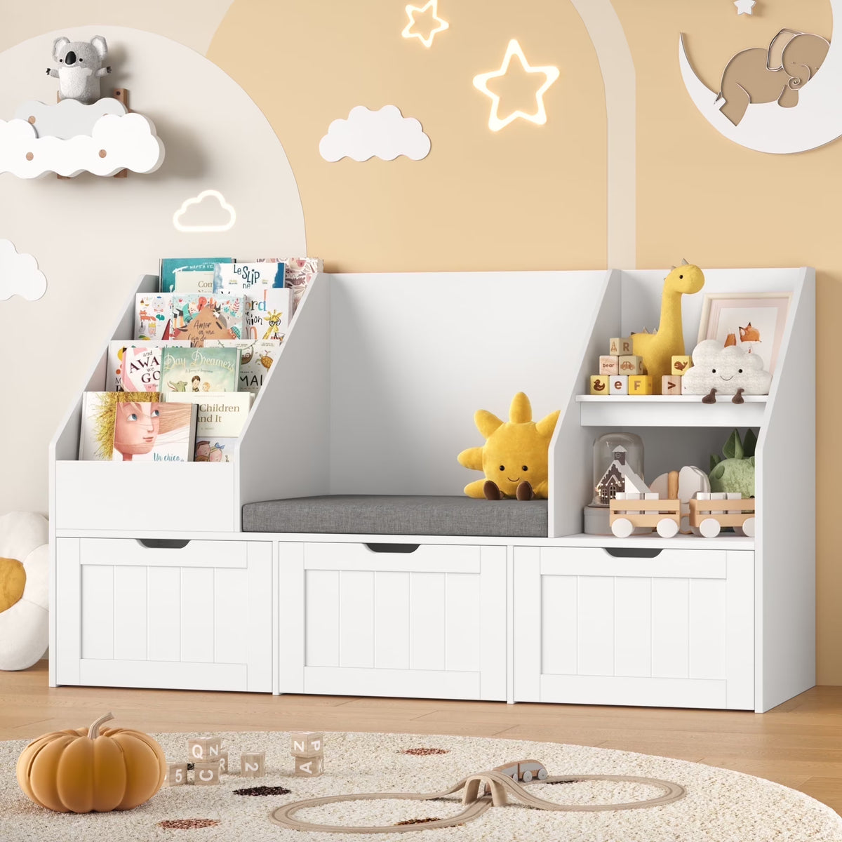 2026 NewHomfa Kids Bookshelf with Reading Nook & 3 Movable Drawers, 2 Cube Bookcase with 4-Tier Book Racks, Toy Storage Organizer for Playroom Bedroom, White