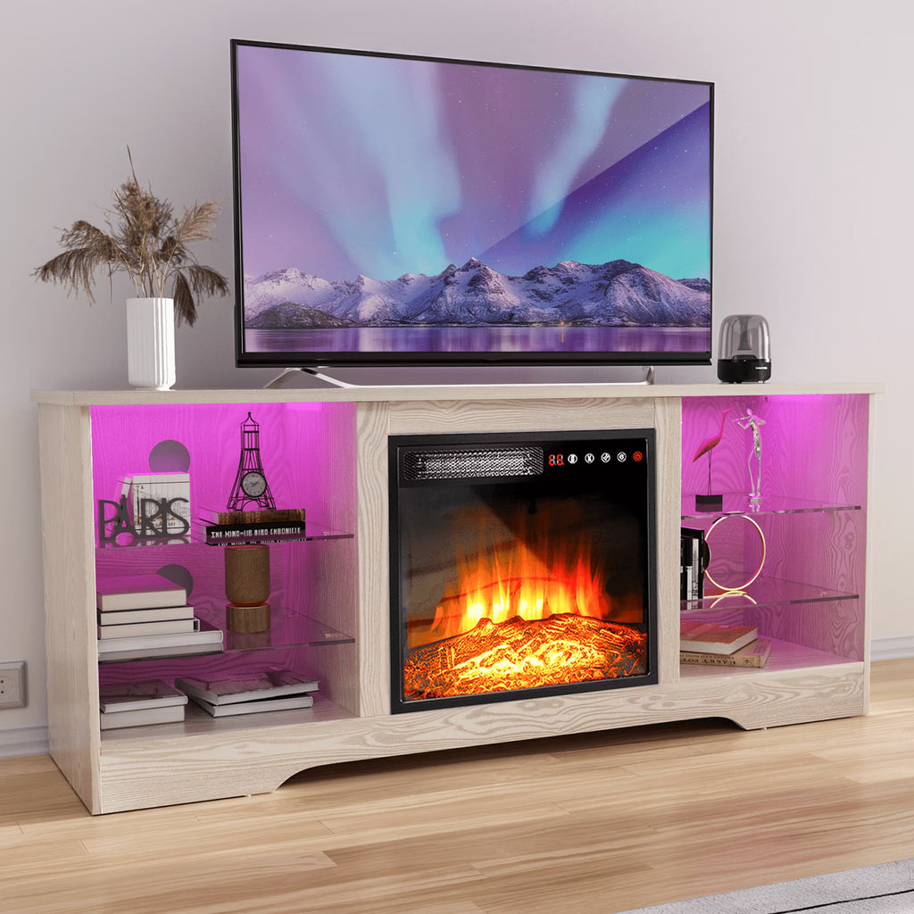 Waleaf Fireplace TV Stand with 18'' Fireplace for TVs up to 65 inch, Two Adjustable Glass Shelves