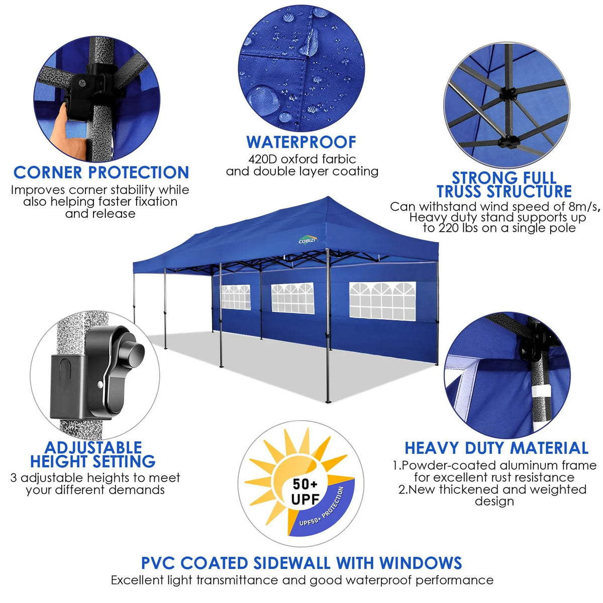 COBIZI 10x20 Heavy Duty Pop up Canopy Tent with 6 sidewalls Easy Up Commercial Outdoor Canopy Wedding Party Tent for Beach All Season Wind & Waterproof Gazebo with Roller Bag,Black(Frame Thickened)