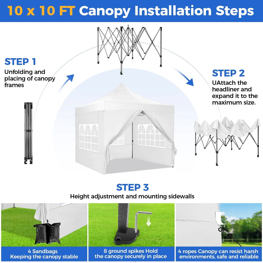SANOPY 10'x20' Pop Up Canopy Waterproof Folding Tent Outdoor Easy Set-up Instant Tent Heavy Duty Commercial Wedding Party Shelter with 6 Removable Sidewalls, 4 Sandbags, Roller Bag, Black