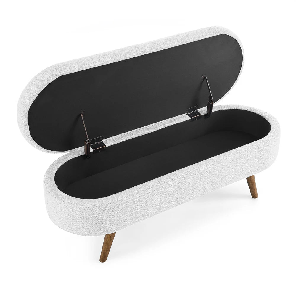 2026 New43.5" Oval Storage Ottoman Bench with Solid Wood Legs, Linen Fabric Upholstered Entryway Bench with Safety Hinge, Indoor Bench for End of Bed, Sofa Side, Entryway