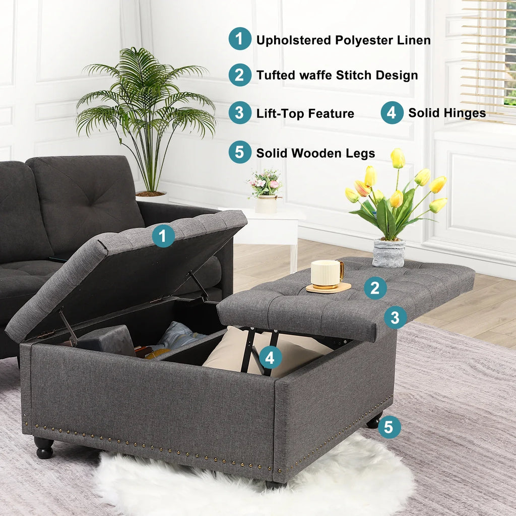 2026 NewMagic Union 35" Large Square Storage Ottoman, Oversized Square Ottoman with Storage, Tufted Upholstered Ottoman Coffee Table with Lift Top for Living Room (Beige)