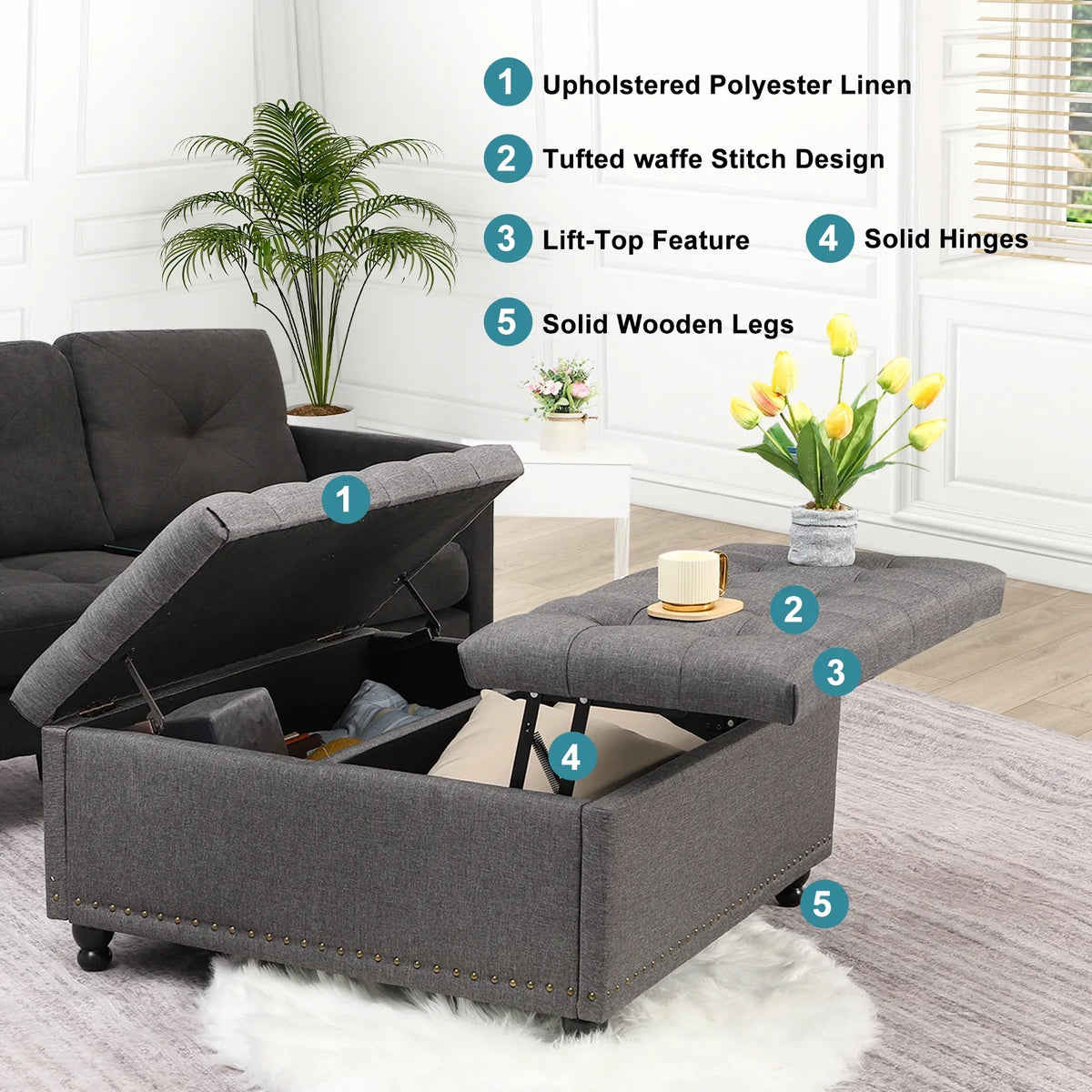 2026 NewMagic Union 35" Large Square Storage Ottoman, Oversized Square Ottoman with Storage, Tufted Upholstered Ottoman Coffee Table with Lift Top for Living Room (Beige)
