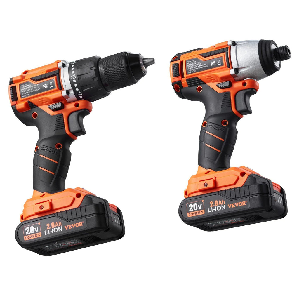 Tool Combo Kit Max 20V Cordless 2-Tool Set with 1/2 in Drill, 1/4 in Impact Driver, Brushless Motor, LED Light, and 2.0Ah Batteries for Professional DIY, Renovation, Repair, and Construction