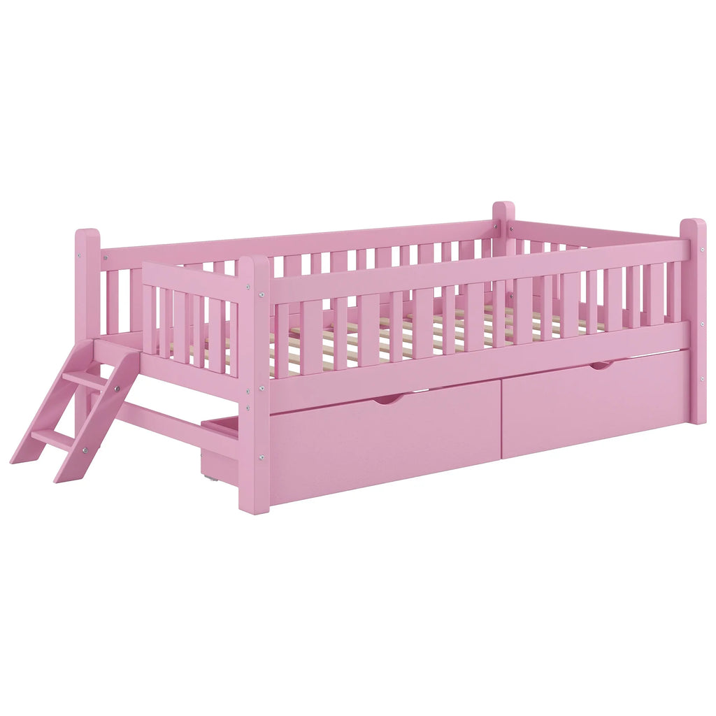 2026 NewEuroco Wood Twin Size Platform Bed with 2 Drawers and Ladder for Kids and Toddlers, White
