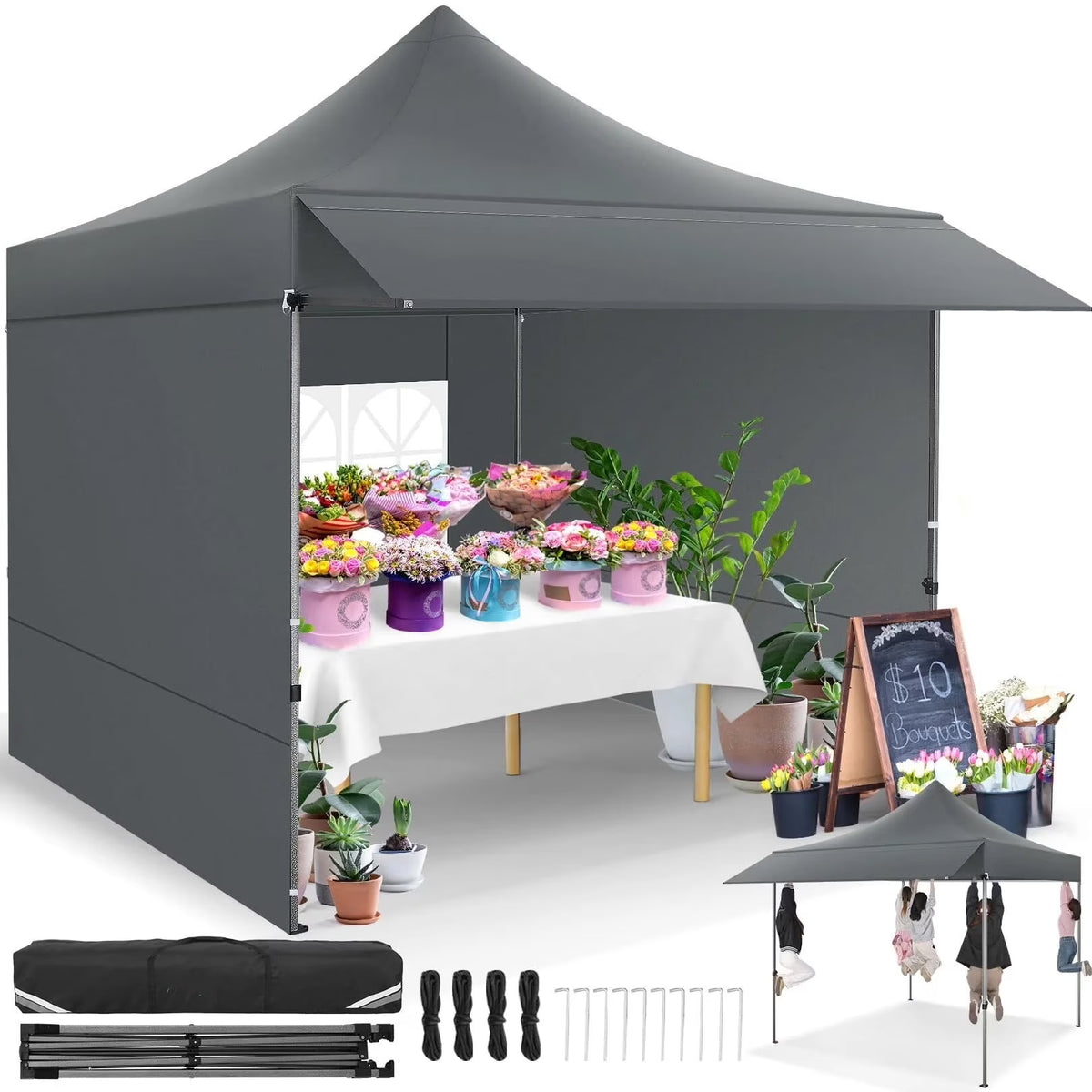 COBIZI 10x20 Pop Up Canopy Heavy Duty Party Tent with Removable Awning and Sidewalls,Easy Up Outdoor Wedding Canopy,Gazebo All Season Windproof&Waterproof with Roller Bag UPF 50+,Black