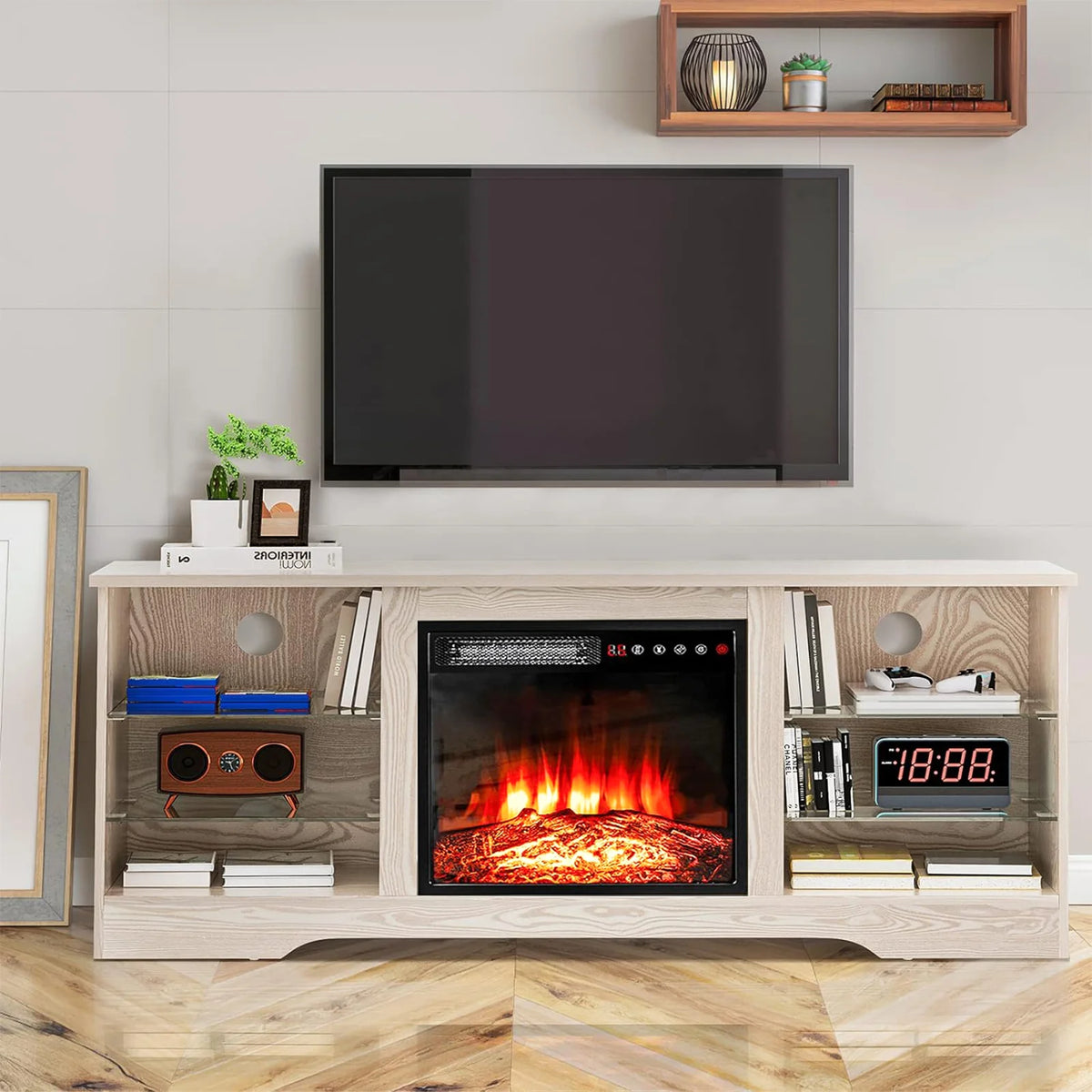 Waleaf Fireplace TV Stand with 18'' Fireplace for TVs up to 65 inch, Two Adjustable Glass Shelves