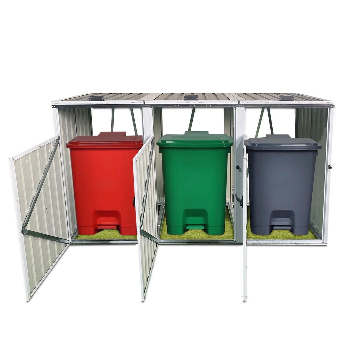 2026 NewAukfa 7.3' W Outdoor Garbage Bin Storage, Metal Storage Shed for 3 Trash Cans Tools, Waterproof Trash Can Storage