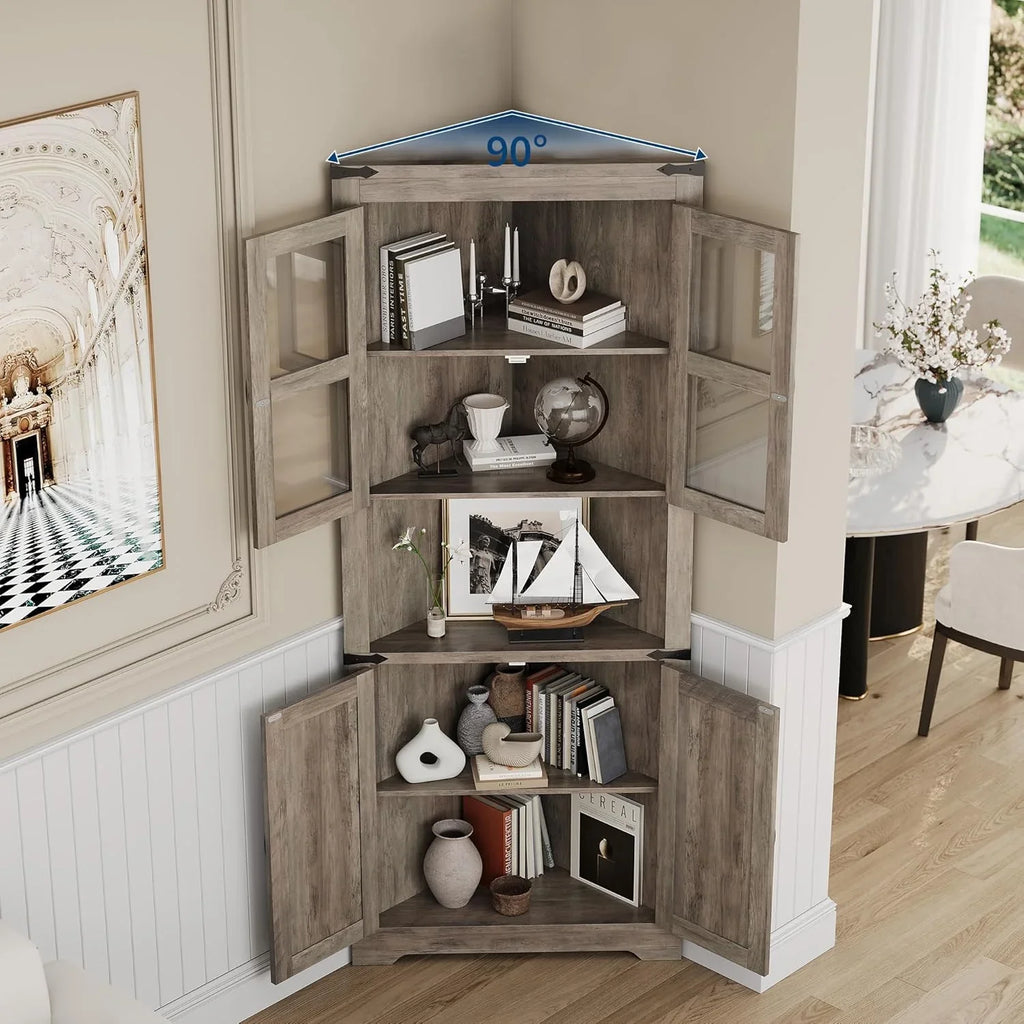 2026 New67" Tall Corner Storage Cabinet with Lights, Farmhouse Corner Hutch Display Cabinet with Glass Doors, Wooden Storage Organizer for Kitchen, Living Room, Bathroom, Washed Grey