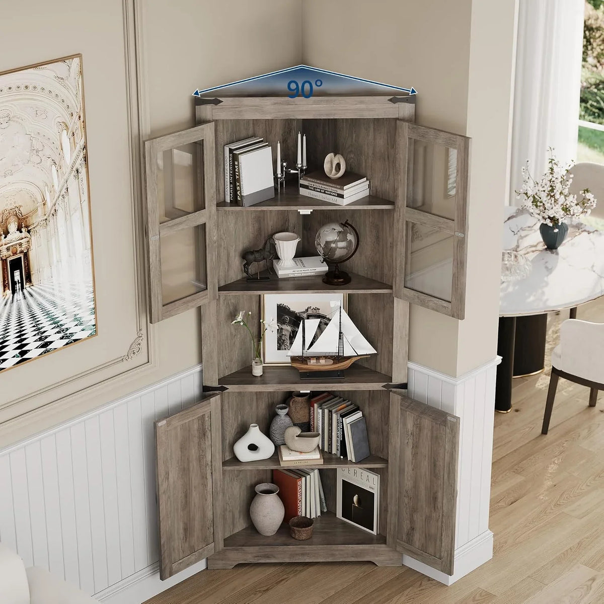 2026 New67" Tall Corner Storage Cabinet with Lights, Farmhouse Corner Hutch Display Cabinet with Glass Doors, Wooden Storage Organizer for Kitchen, Living Room, Bathroom, Washed Grey