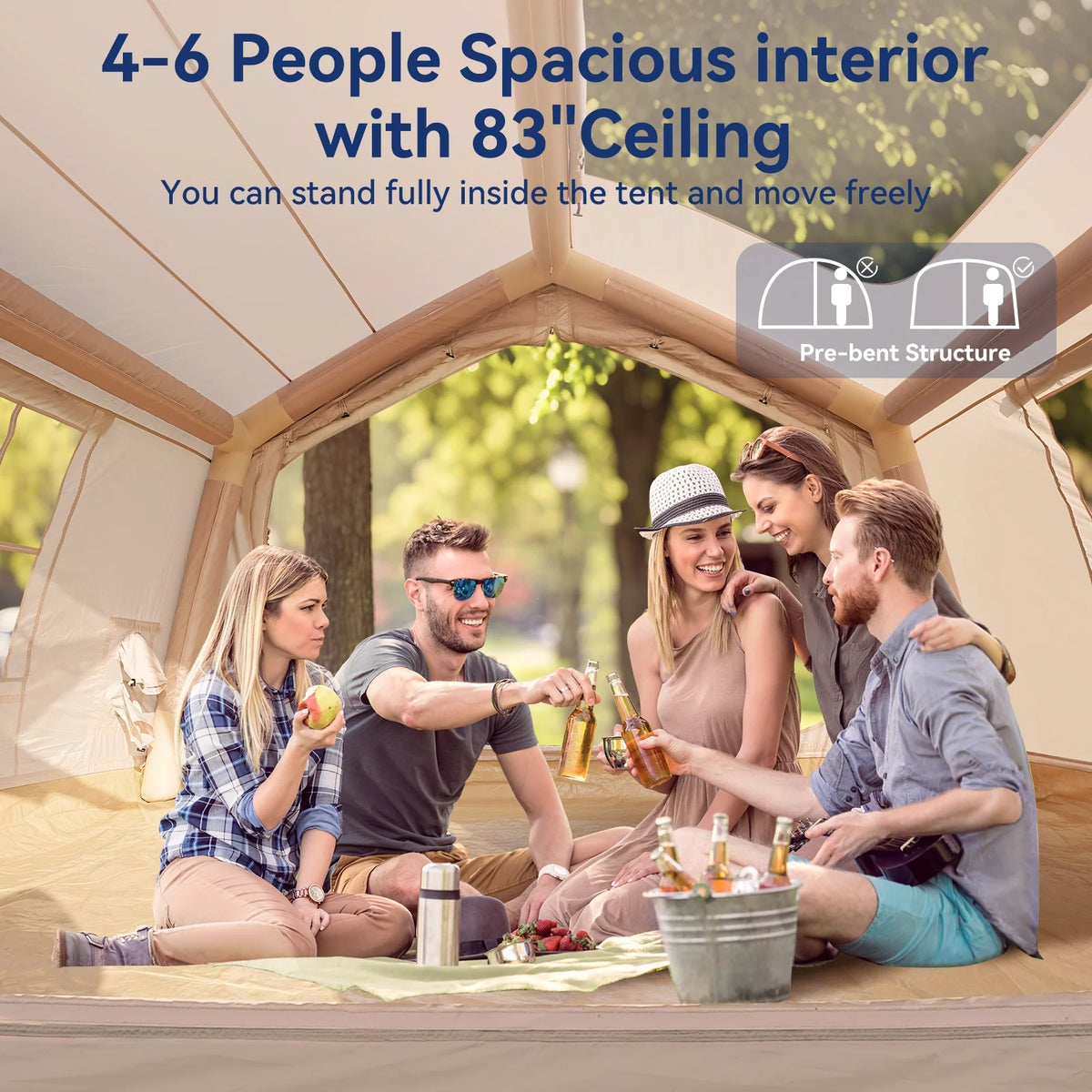 Slsy 4-6 Person Inflatable Camping Tents with Hand Pump & Carry Bag, Air Glamping Tents, Easy Setup Waterproof Windproof Blow up Tent, 4 Seasons Oxford Cabin Tent with Mesh & Chimney Window