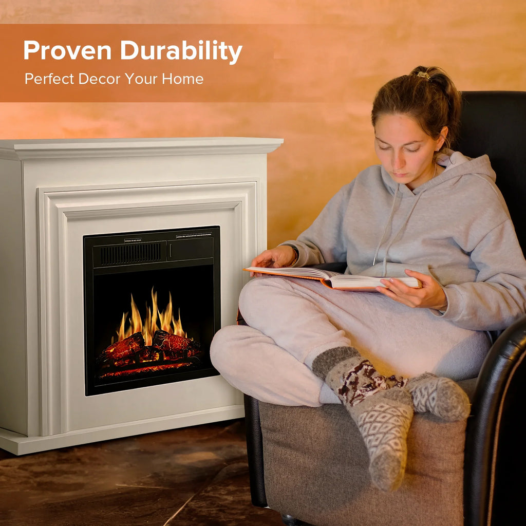 2026 NewKISSAIR Electric Fireplace Mantel Wooden Surround Firebox, Free Standing Fireplace, with Remote Control, Adjustable LED Flame, 750W/1500W -White