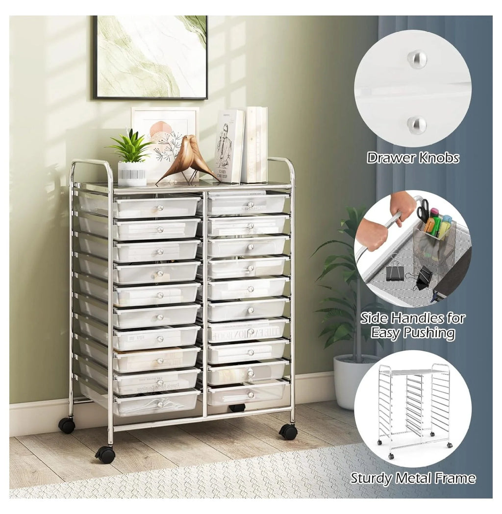 2026 New20 Drawers Storage Cart w/Rolling Wheels, Semi-Transparent Mobile Rolling Drawer Cart for School Classroom Office Home Salon, Files Scrapbook Craft Organizer, Utility Cart on Wheels (Clear)
