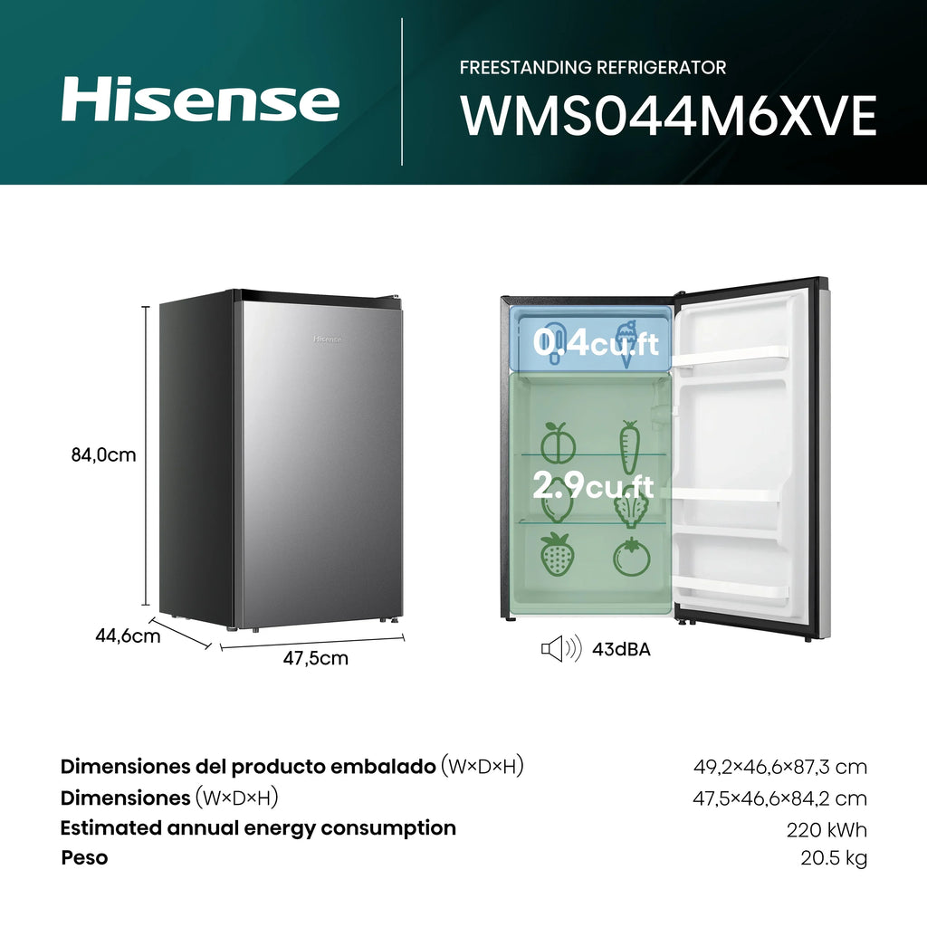 2026 NewHisense 4.4 Cu ft Single Door Mini Refrigerator, 1 Year Warranty, Energy Star, WMS044M6XVE New