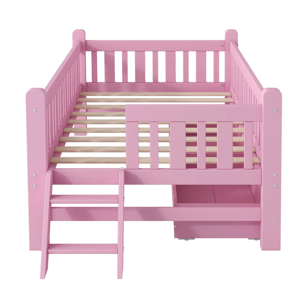2026 NewEuroco Wood Twin Size Platform Bed with 2 Drawers and Ladder for Kids and Toddlers, White