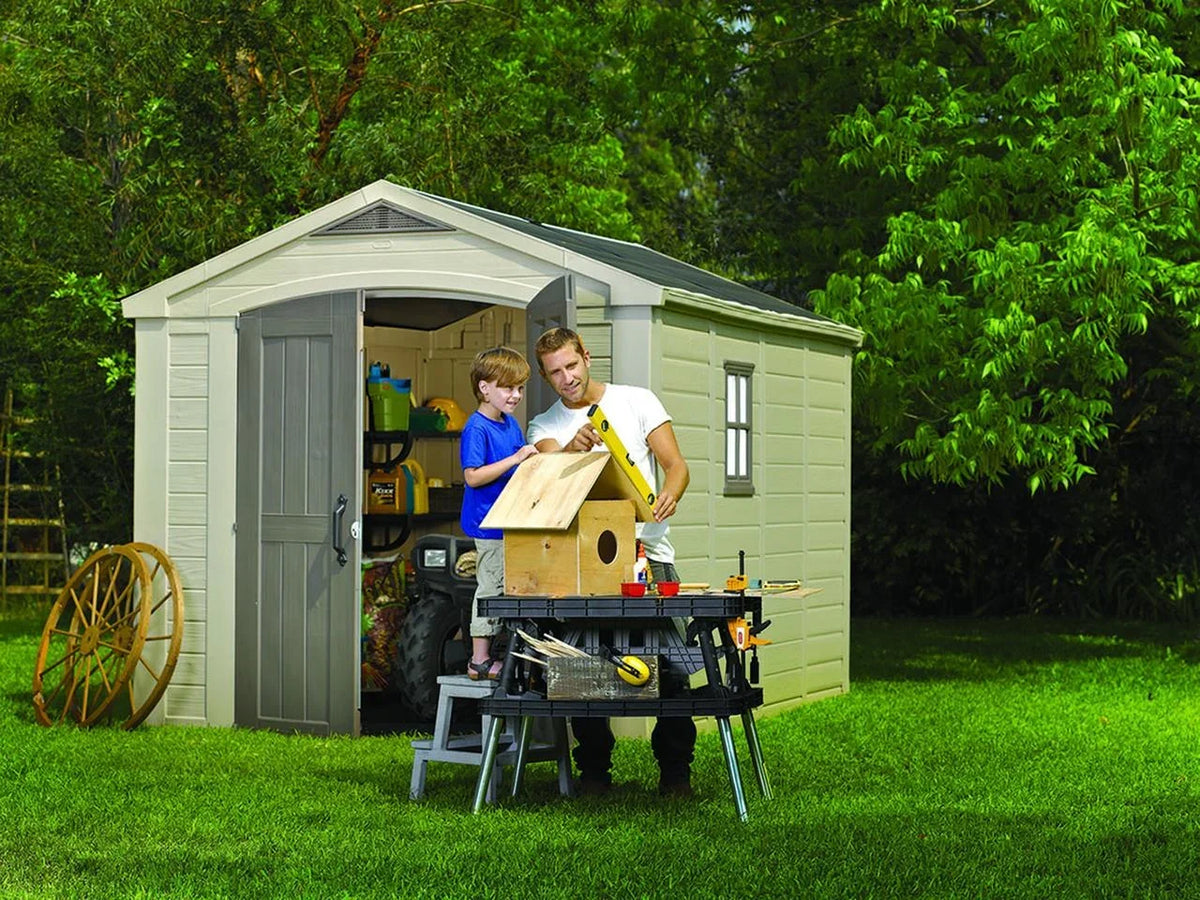 2026 NewKeter Factor 8 x 11 Foot All Weather Resin Outdoor Storage Shed, Taupe