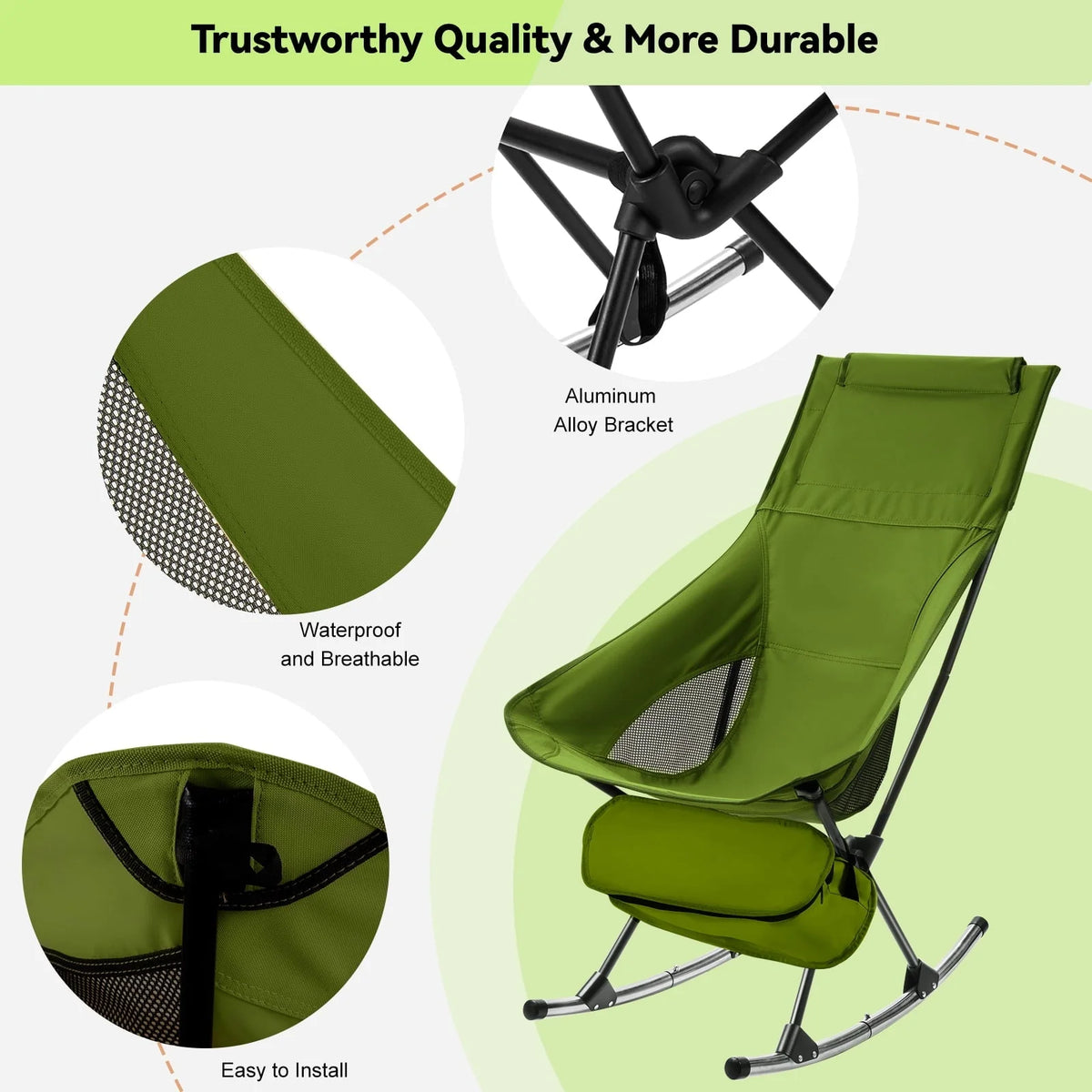 Camping Chair, VECUKTY High Back Rocking Chair 240 lbs Capacity, Heavy Duty Compact Outdoor Portable Folding Rocker Chair for Camping Hiking Gardening Travel Beach Picnic,Green