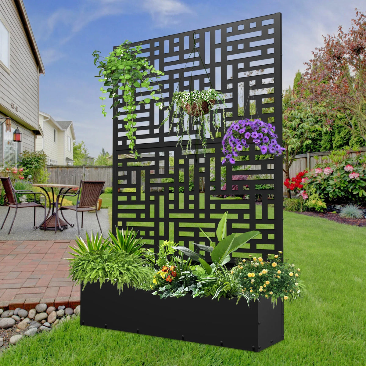 2026 NewFOOWIN 71'' H Metal Planter with Trellis, Outdoor Raised Garden Bed for Climbing Plants, Trellis Planter Box with Drainage Hole, Black