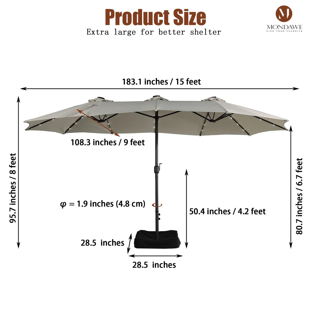 2026 NewMondawe 15ft Patio Umbrella Rectangular Outdoor Market Umbrella with Base and LED Lights Beige