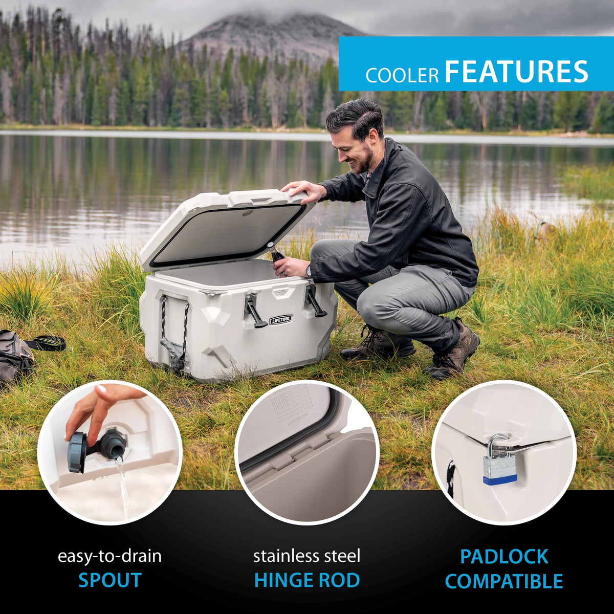 Lifetime 65 qt Bear-Resistant Camping Cooler, Premium High Performance, Ice Retention, Hard Cooler, 75 Can Capacity, Arctic White (90997)