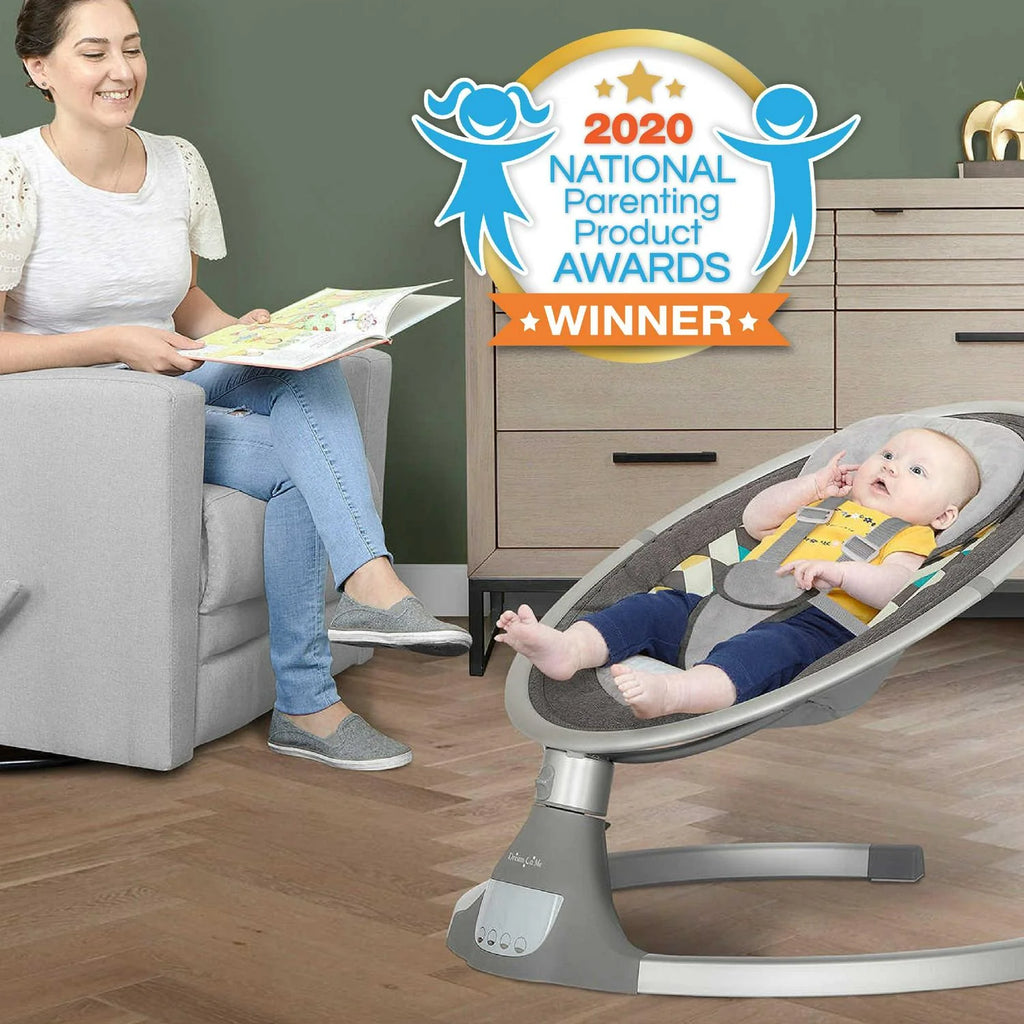 2026 NewDream On Me Zazu Baby Swing. Baby Swing for Infant. 5 - Swinging Speed. Two Attached Toys. Bluetooth Enabled and Remote Control. Grey and Blue