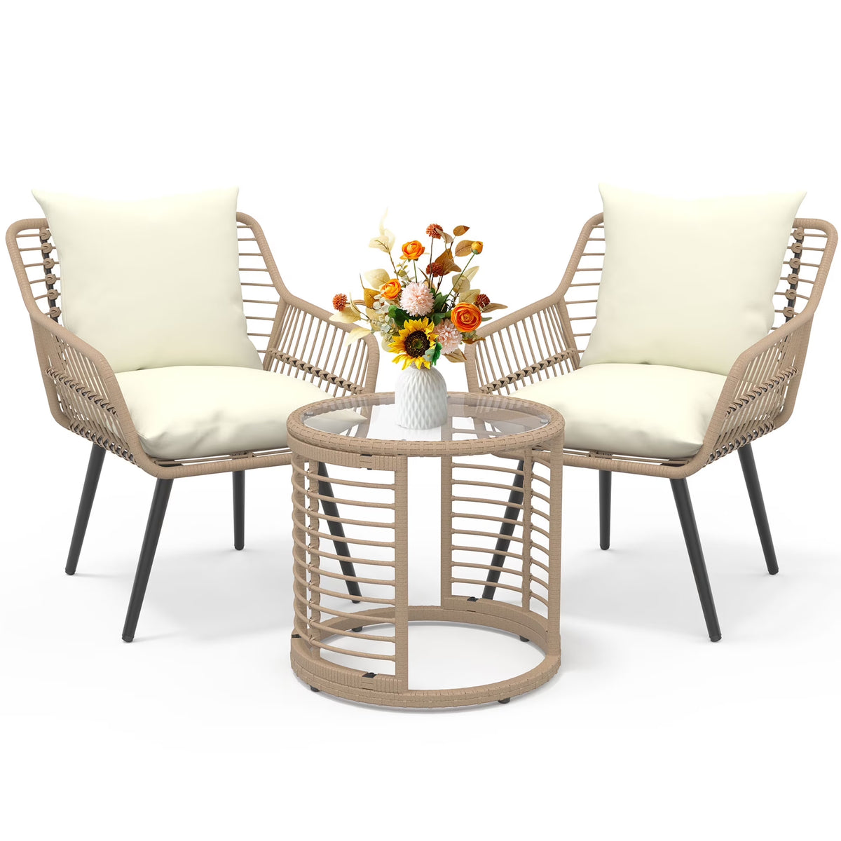 2026 NewAinfox 3-Piece Steel Outdoor Bistro Sets with Metal Chairs and Glass Top Table, Beige