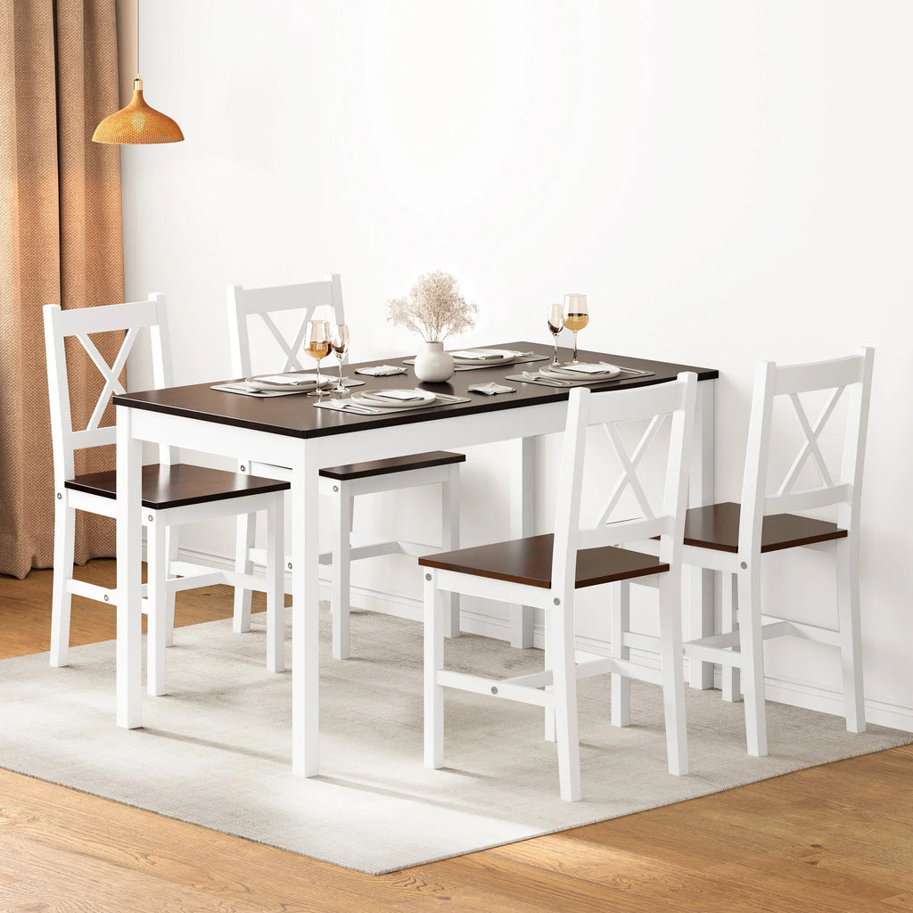 2026 NewSoges 5 Pieces Dining Table Set, Pine Wood Kitchen Dining Table with 4 Chairs, Wood Rectangular kitchen table and chairs for 4, Small Dining Set for Bar Dining Room Breakfast Nook, White and Gray