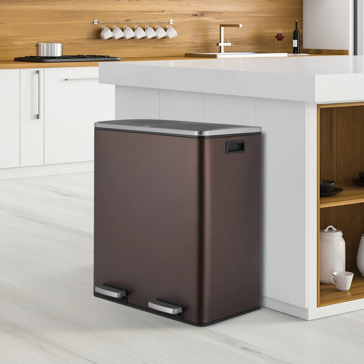 2026 NewLAZY BUDDY Dual Garbage Can, Stainless Steel 16 Gallon Step Kitchen Trash Can with Soft-Close Lid, Double Compartment Garbage Recycling Bin