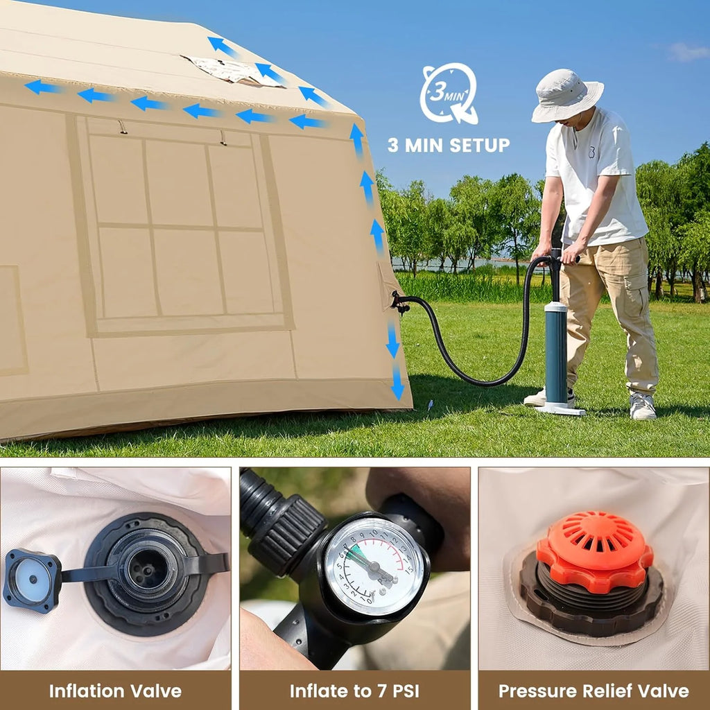 Zikebtuy 2/6/8 Person Inflatable Camping Tent, Easy Setup Blow Up Air Tent with Hand Pump, Waterproof 4-Season Glamping Tent with Large Mesh Windows & Oversized Canopy for Couples, Group & Family
