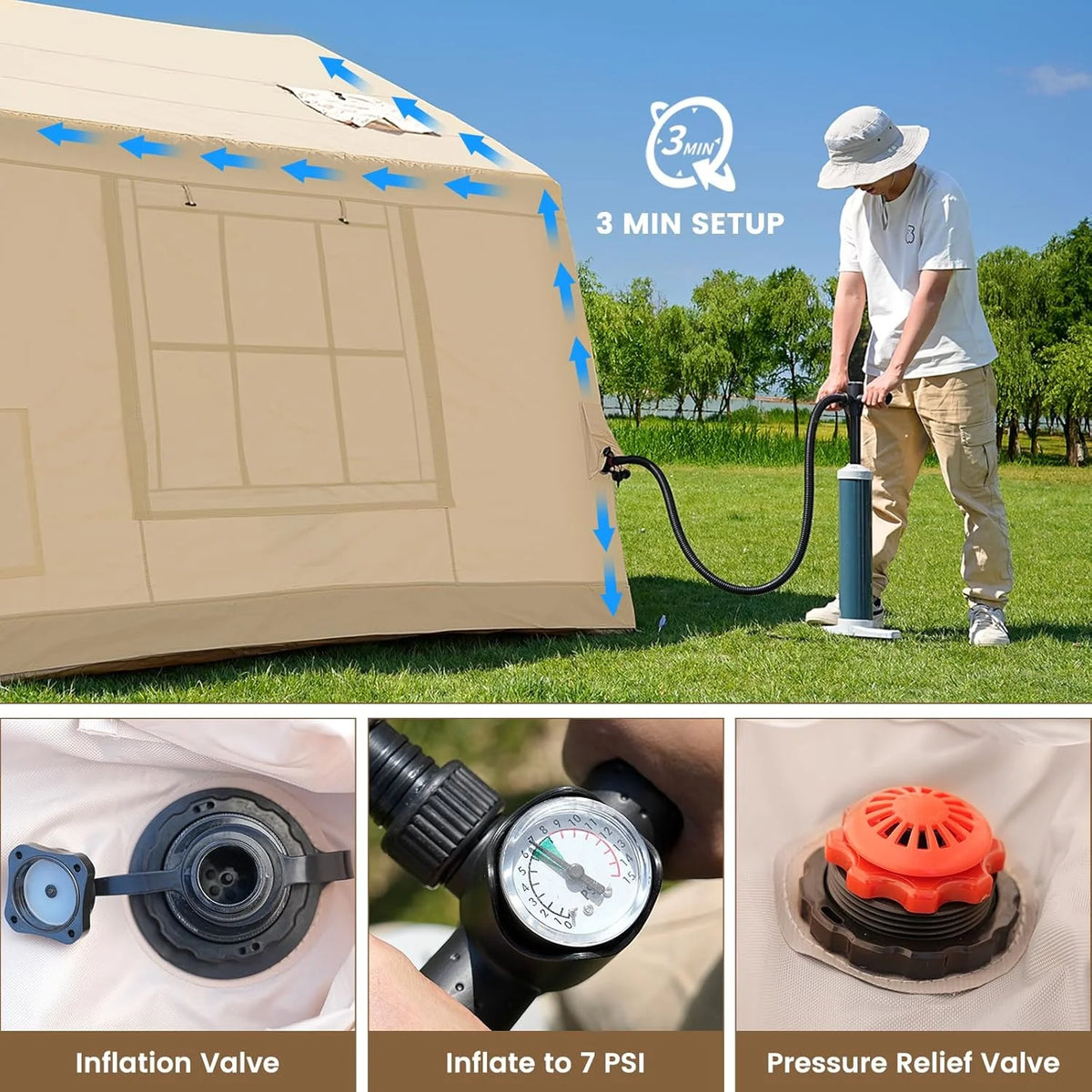 Zikebtuy 2/6/8 Person Inflatable Camping Tent, Easy Setup Blow Up Air Tent with Hand Pump, Waterproof 4-Season Glamping Tent with Large Mesh Windows & Oversized Canopy for Couples, Group & Family