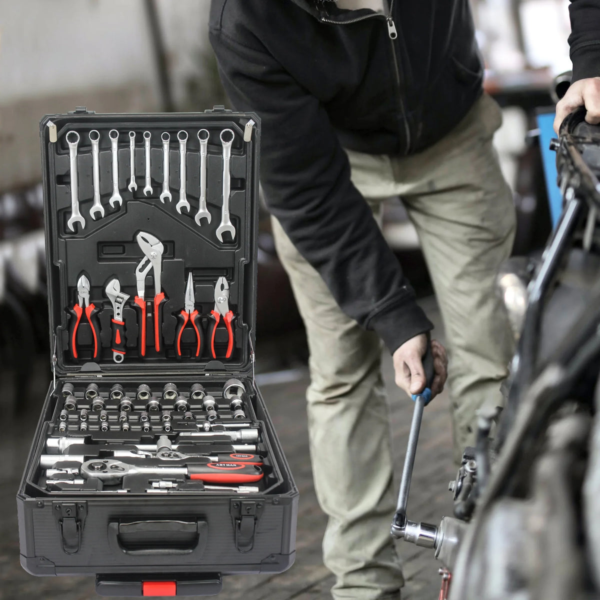 799 Pieces Professional Mechanics Hand Tool Set, Mobile Tool box on Wheels W/Ratchets&Socket, Screwdriver, Tongs, 4-layer Tool Case & Tool Kit, Silver