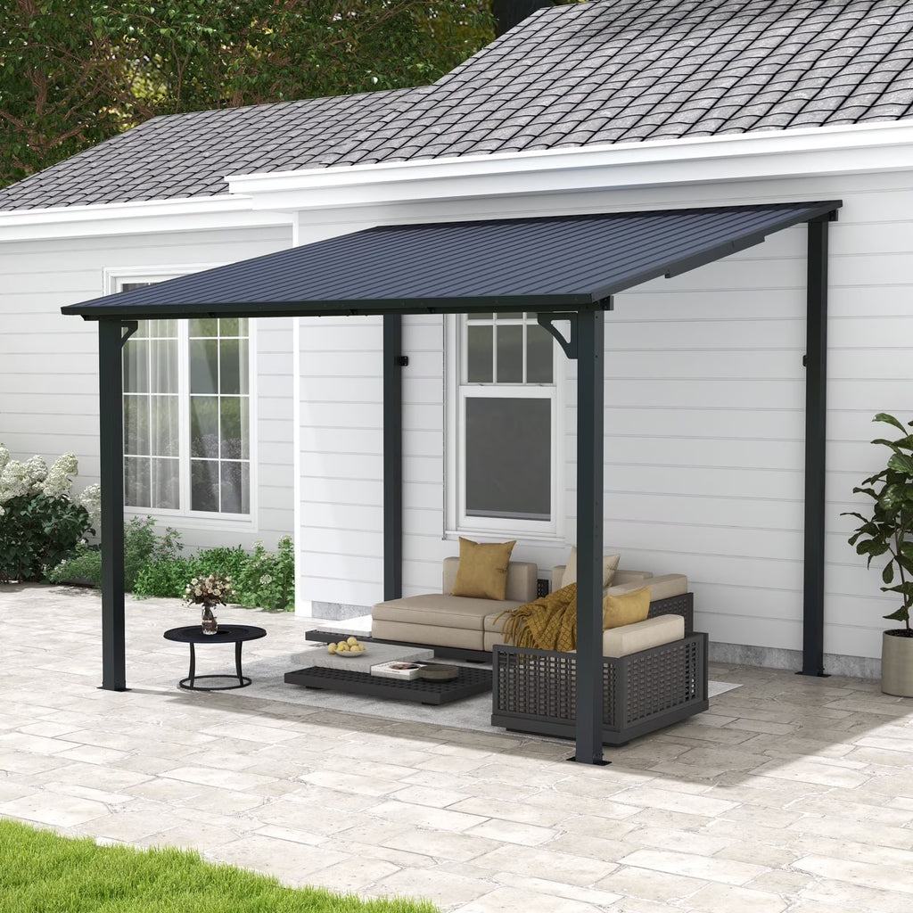 2026 New8' x 10' Outdoor Pergola Gazebo, Lean to Awnings Gazebos, Heavy Duty Hard Top Metal Pergola with Roof, for Patio, Backyard, Decks, Poolside