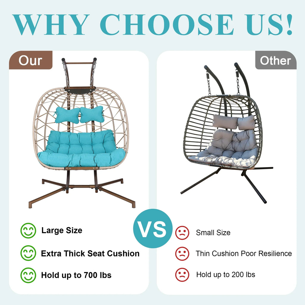 2026 NewRADIATA Double Wicker Egg Swing Chair with Stand, 2-Person Hanging Egg Chair for Indoor/Outdoor, 700lbs Capacity, Thick Cushions & Headrest,Sturdy Metal Frame"Dark Gray